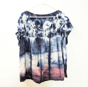 Blue White Red Tye Dye Cap Sleeve Pullover Shirt Plus Size 3X